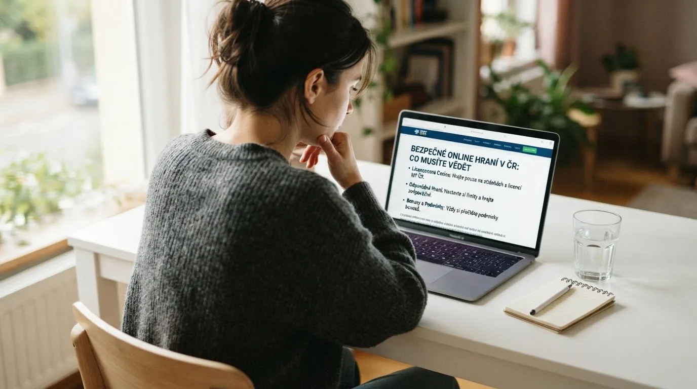 Člověk u notebooku čte informační stránku o online hazardu v Česku — 30, 50, 100, 150 free spinů bez vkladu