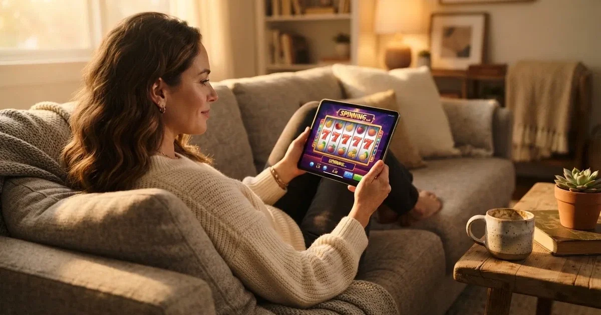 Hráč na gauči s tabletem, šálek kávy na stolku, teplé světlo — 50, 100, 150, 200 free spins za první vklad