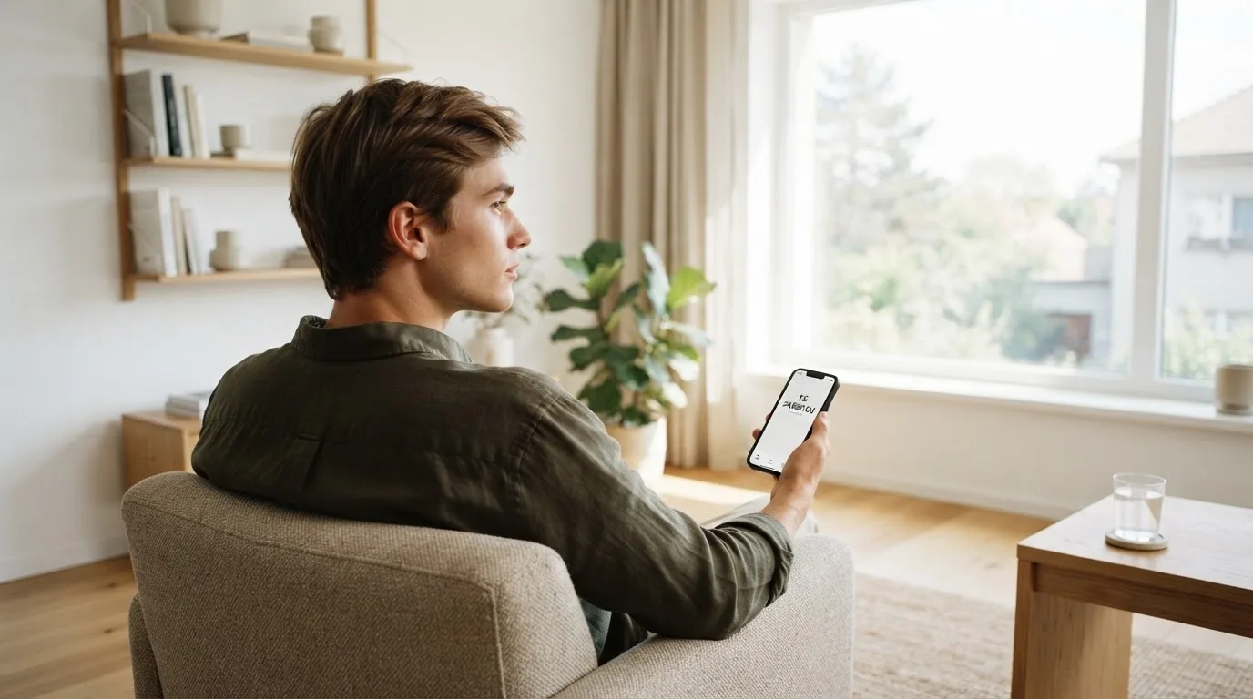 Muž v obývacím pokoji drží telefon a zamyšleně hledí z okna za dne.