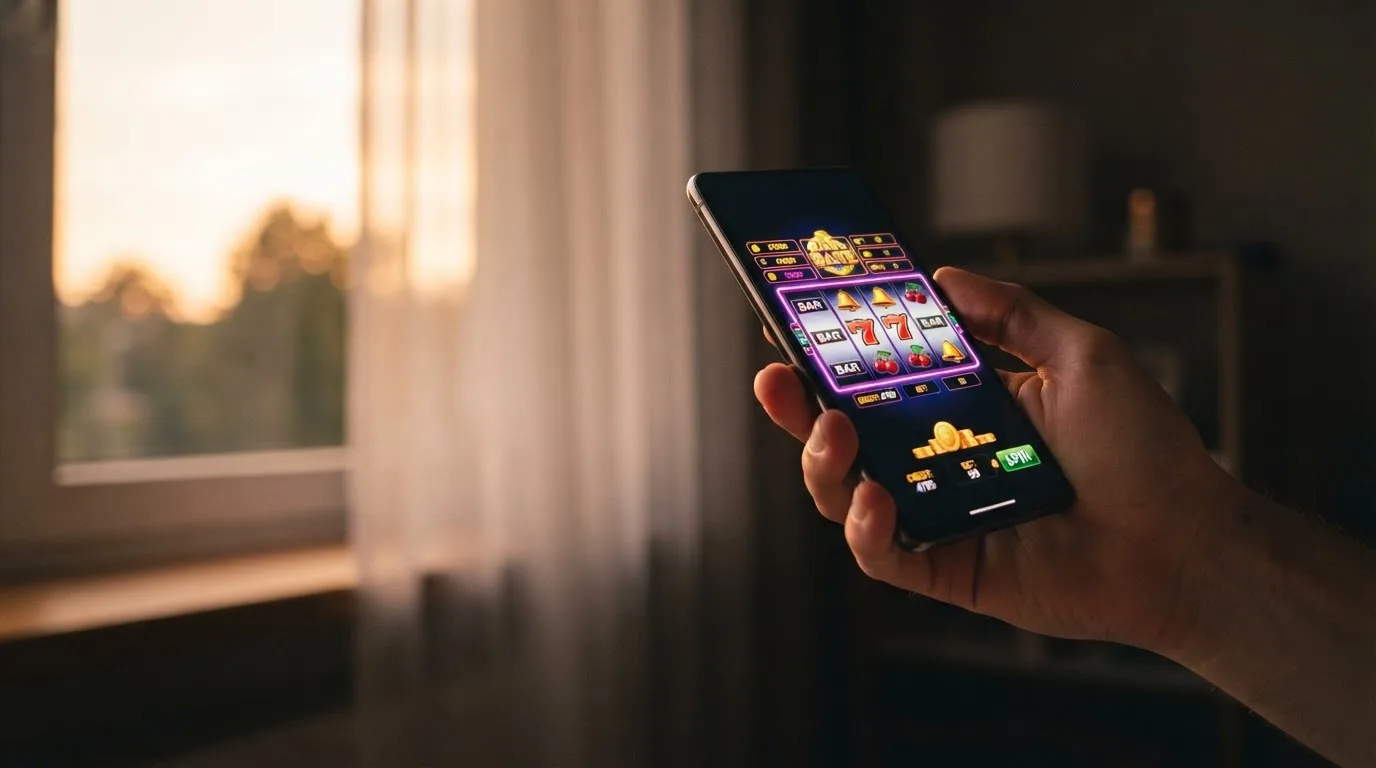 Ruka drží chytrý telefon u okna, klidné večerní světlo — bezpečné zahraniční casino pro české hráče