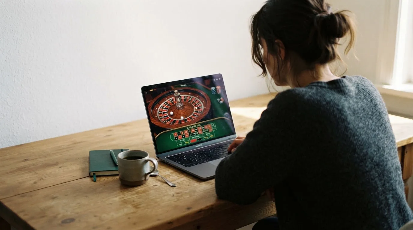 Člověk u notebooku čte informační stránku o online hazardu v Česku — bezpečné zahraniční casino pro české hráče