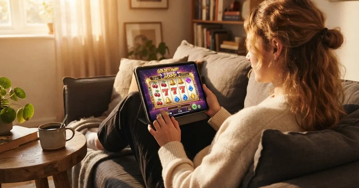 Hráč na gauči s tabletem, šálek kávy na stolku, teplé světlo — bonus za založení účtu casino