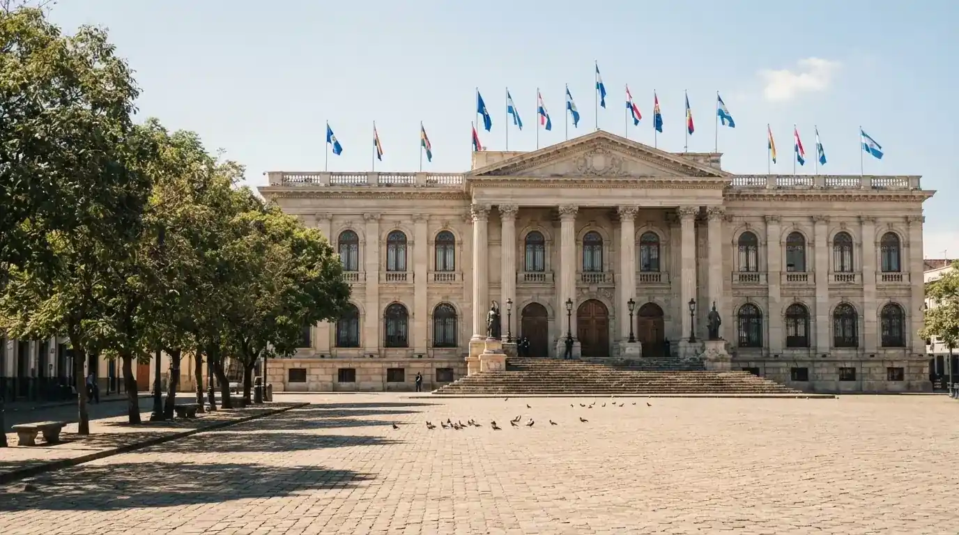 Historická úřední budova s vlajkami na slunečném náměstí — bonus za založení účtu casino