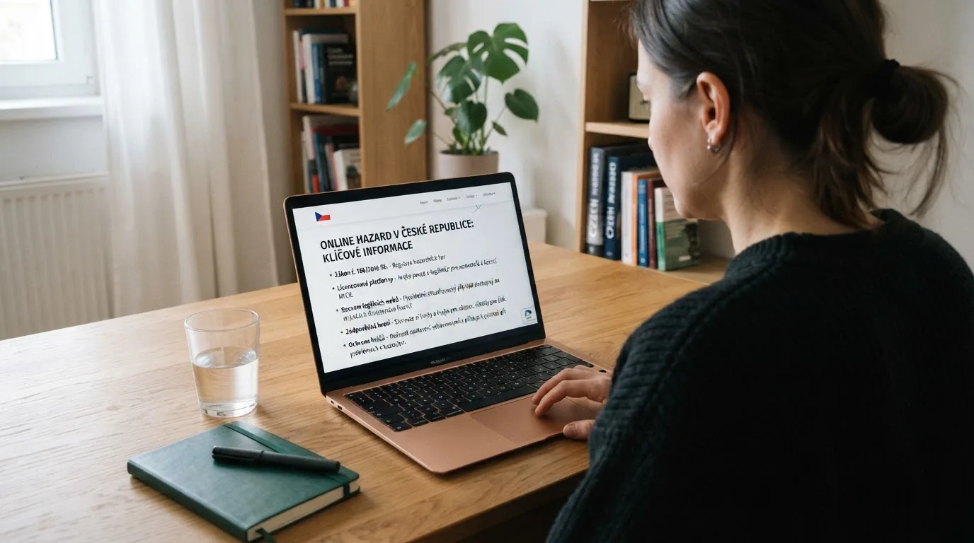 Člověk u notebooku čte informační stránku o online hazardu v Česku — bonus za založení účtu casino