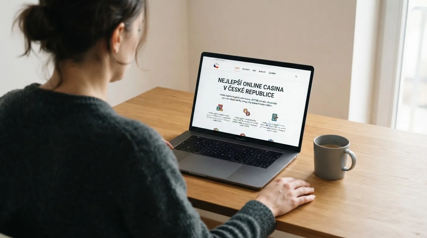 Člověk u notebooku čte informační stránku o online hazardu v Česku — casina bez nutnosti vkladu s bonusem