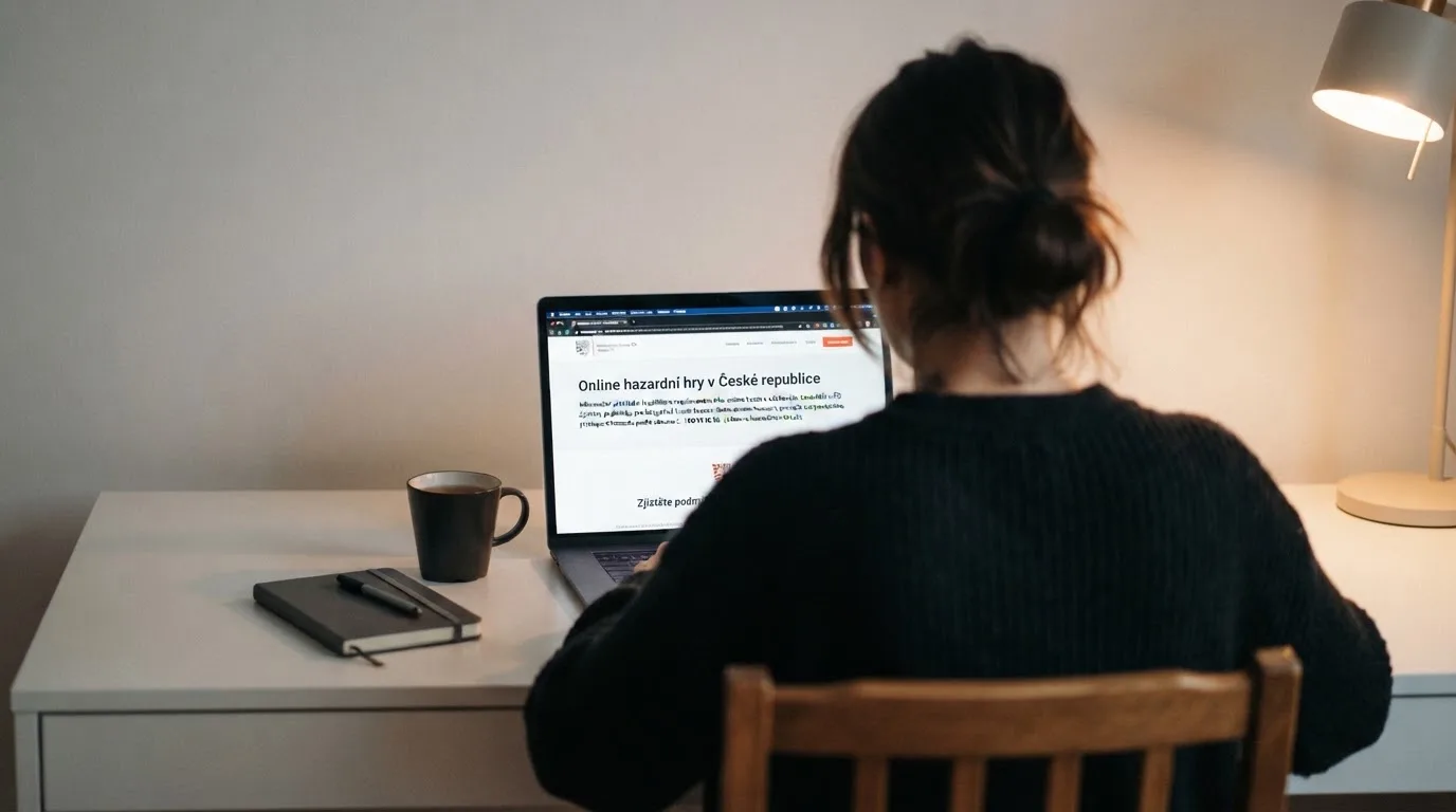 Člověk u notebooku čte informační stránku o online hazardu v Česku — casina online bez ověření totožnosti