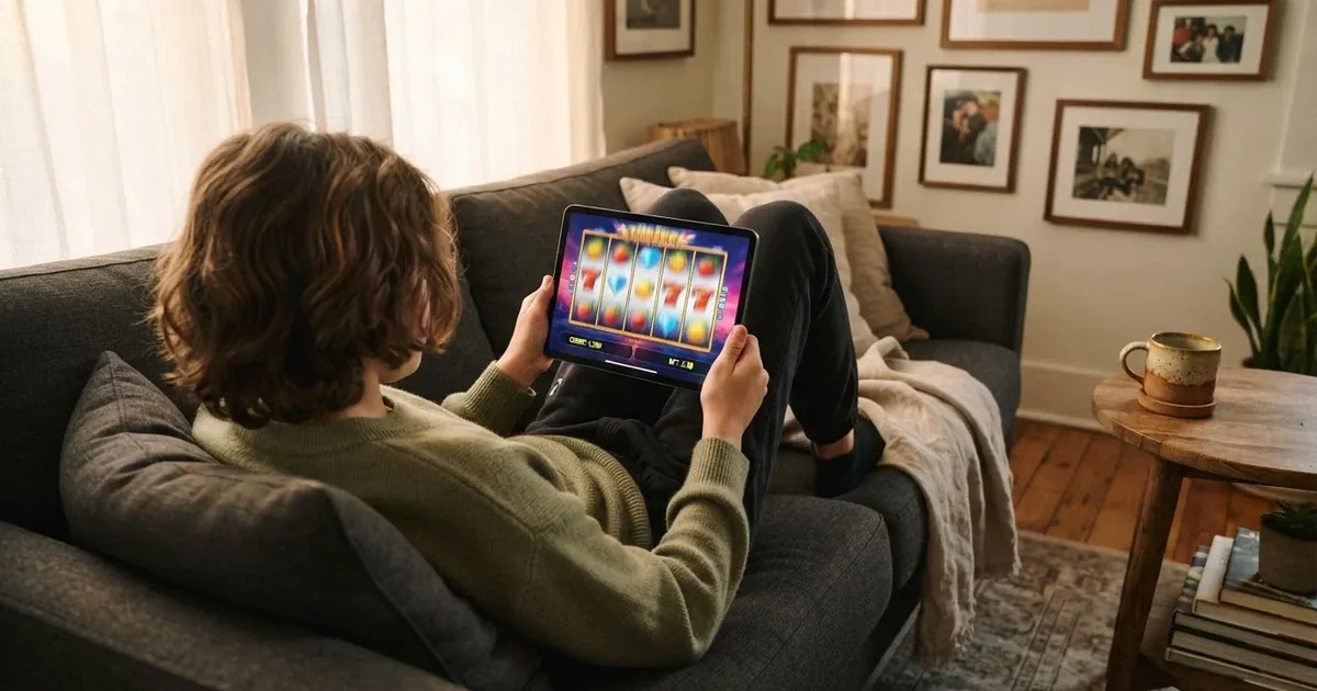 Hráč na gauči s tabletem, šálek kávy na stolku, teplé světlo — casina promo kód bez vkladu