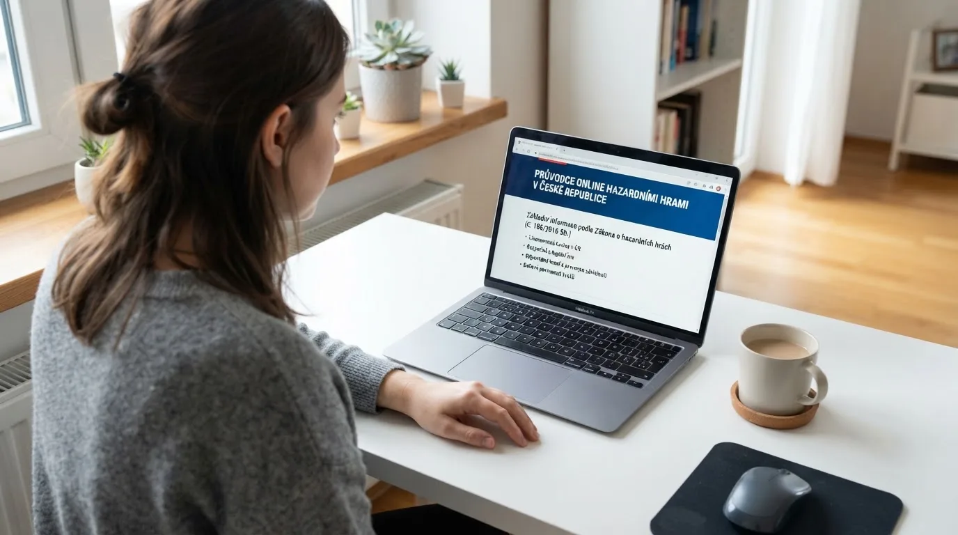 Člověk u notebooku čte informační stránku o online hazardu v Česku — casina promo kód bez vkladu