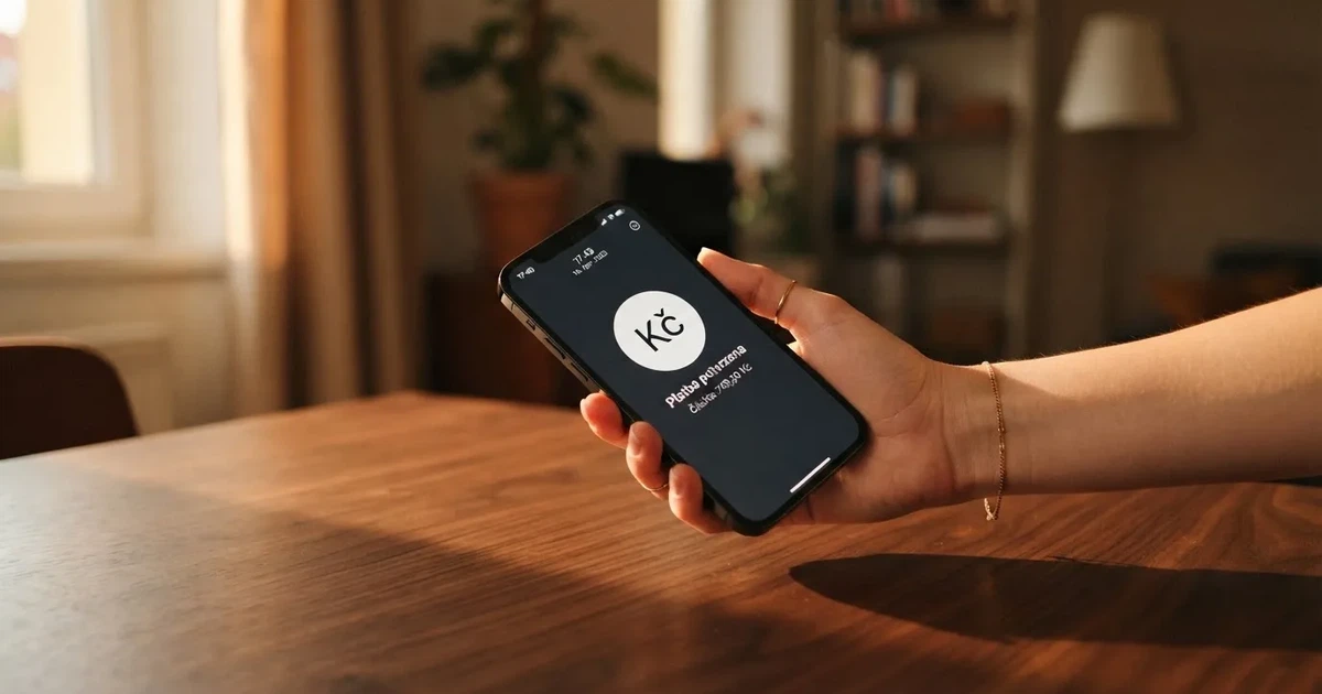 Ruka drží chytrý telefon nad stolem ve chvíli placení mobilním kreditem v podvečerním světle.