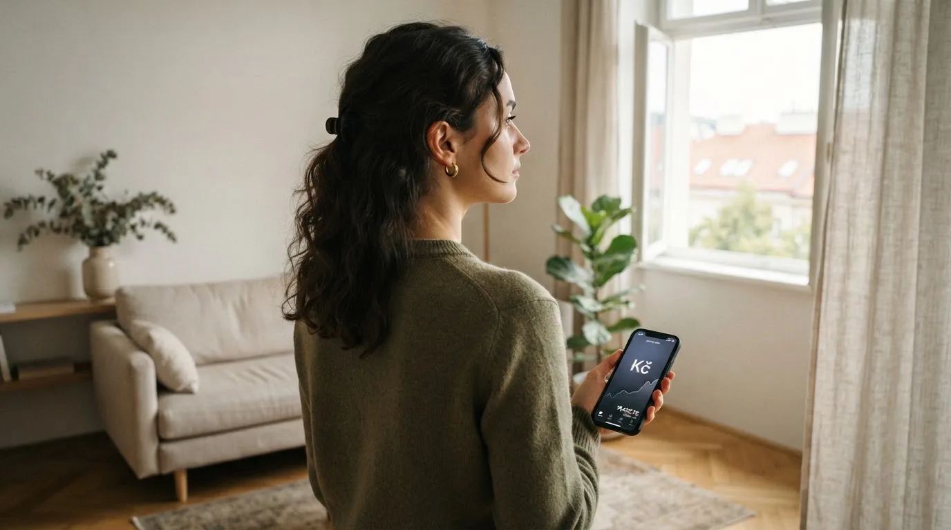 Žena v obývacím pokoji drží telefon a zamyšleně hledí z okna za dne.