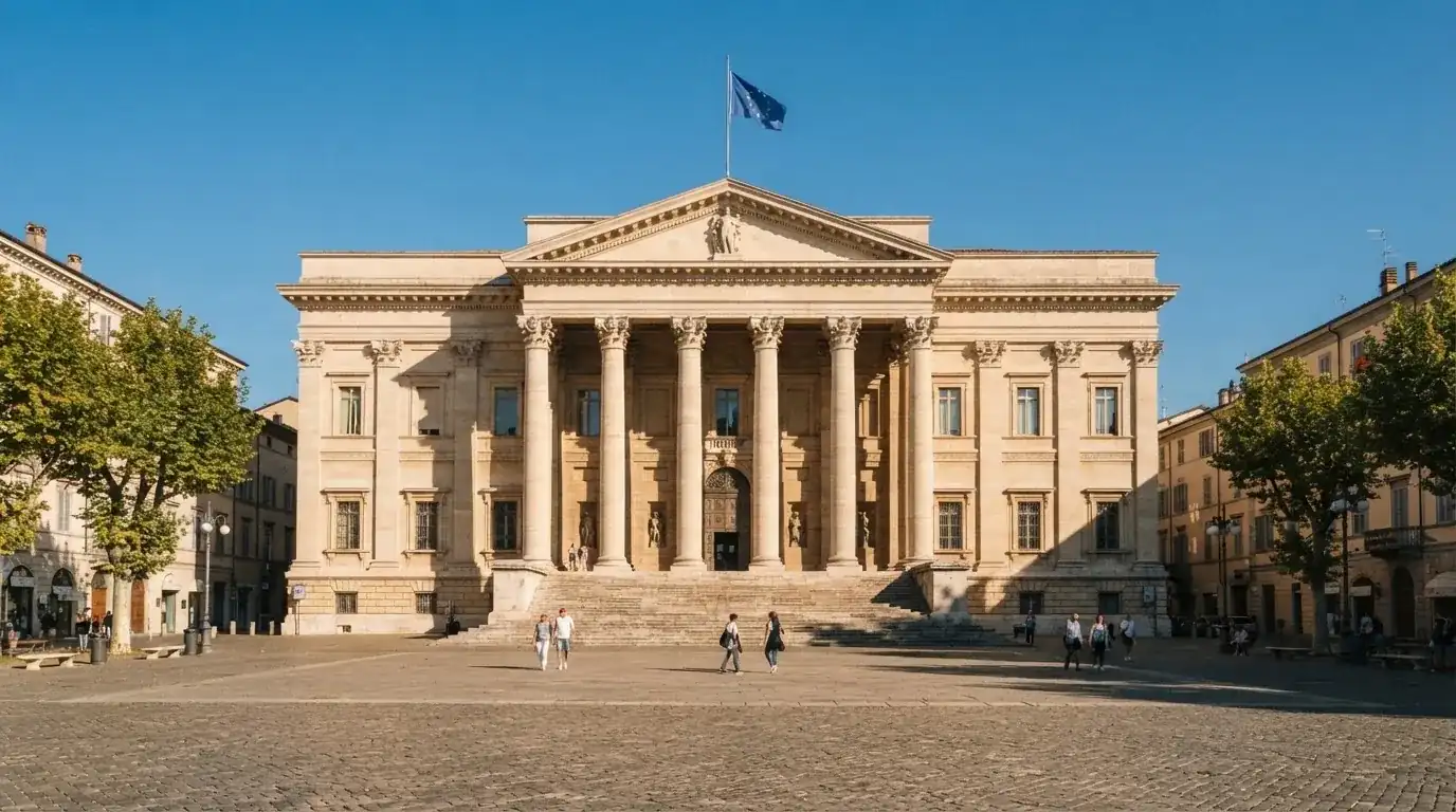 Kamenná budova se sloupy a vlajkou stojí na náměstí za slunečného dne.