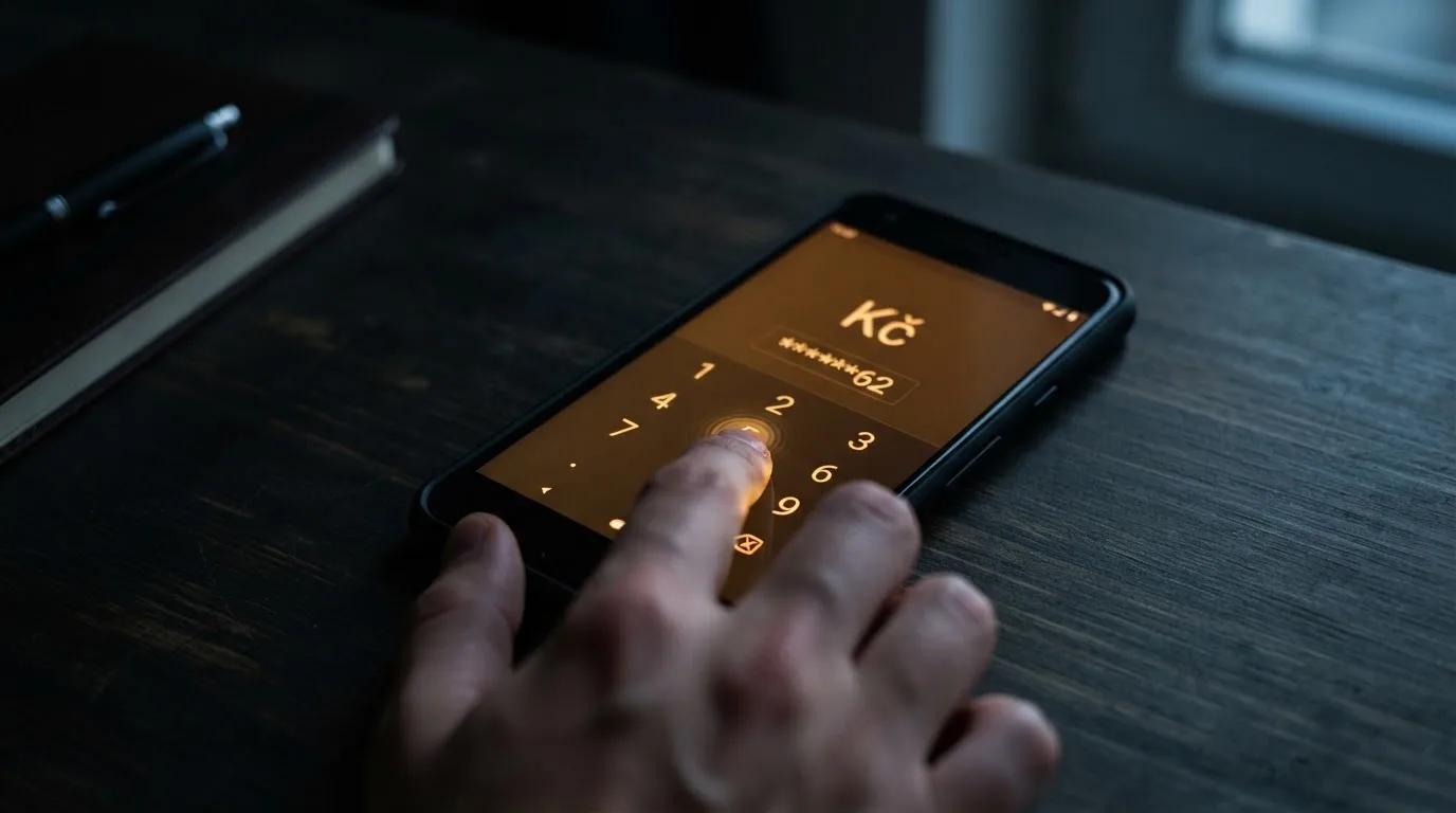 Detailní záběr na prsty zadávající kód na klávesnici mobilního telefonu v šeru místnosti.