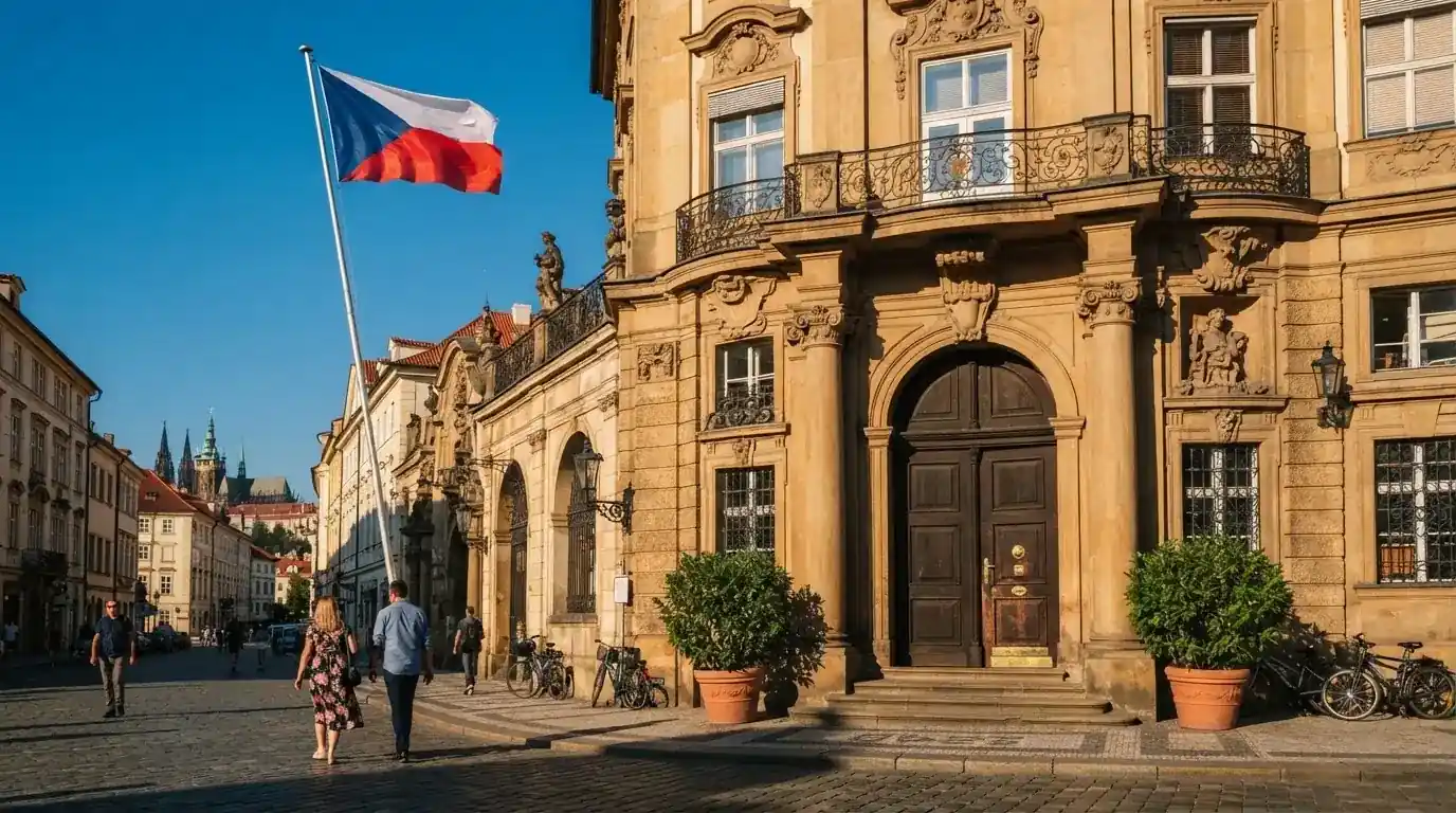 Vlajka vlaje na stožáru před kamennou budovou s sloupy v centru Prahy za slunečného dne.