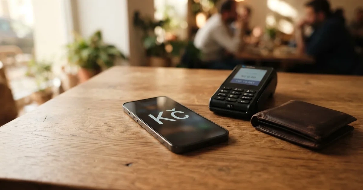 Platební terminál a telefon na dřevěném stole vedle peněženky — casino minimální vklad 1, 5, 10 euro