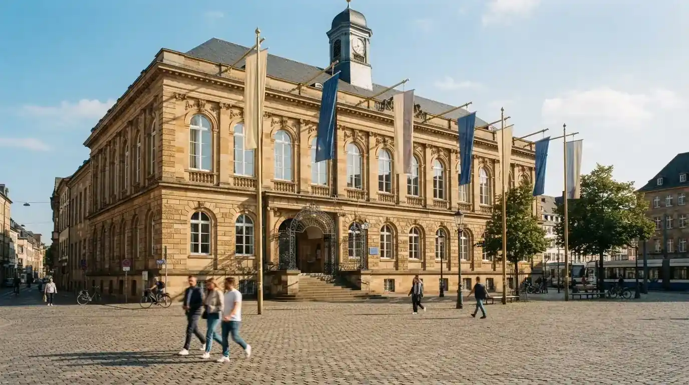 Historická úřední budova s vlajkami na slunečném náměstí — casino minimální vklad 1, 5, 10 euro