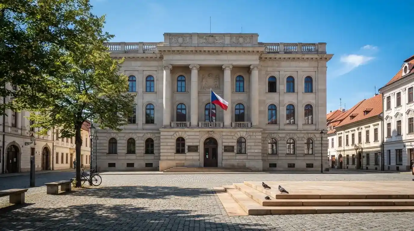 Kamenná budova s sloupy a vlajkou stojí na náměstí za jasného dne.