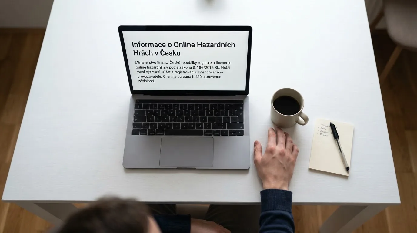 Člověk u notebooku čte informační stránku o online hazardu v Česku — casino okamžitý výběr