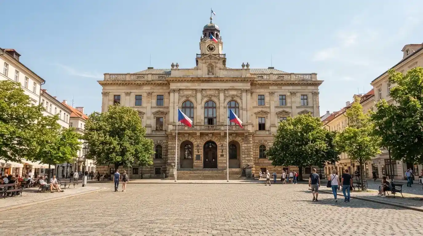 Historická úřední budova s vlajkami na slunečném náměstí — casino platba paysafecard