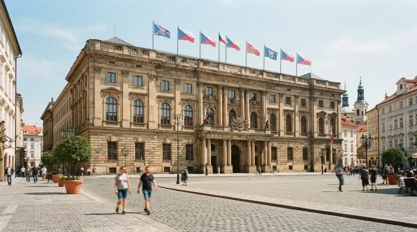 Historická úřední budova s vlajkami na slunečném náměstí — hrací automaty hrací automaty zdarma online