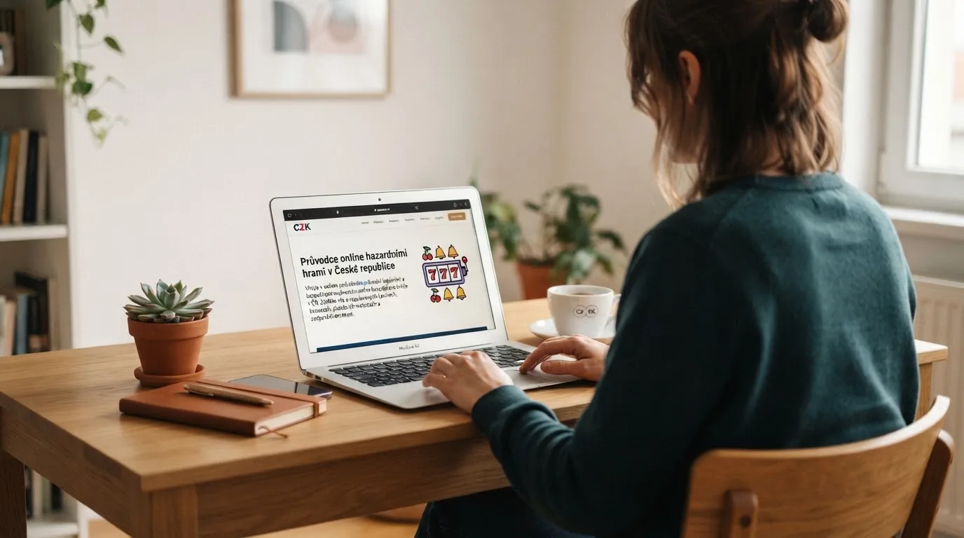 Člověk u notebooku čte informační stránku o online hazardu v Česku — hrací automaty hrací automaty zdarma online