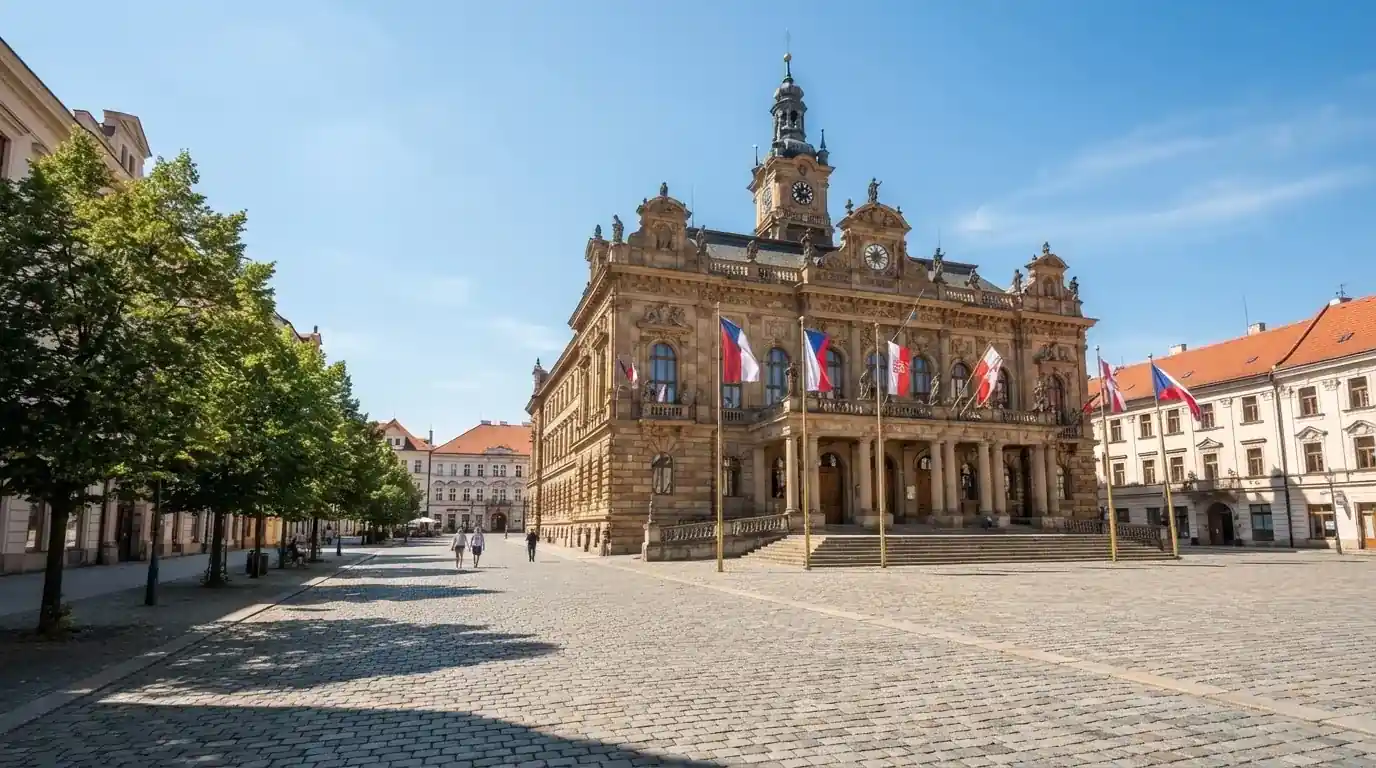 Historická úřední budova s vlajkami na slunečném náměstí — hrací automaty zdarma ke stažení