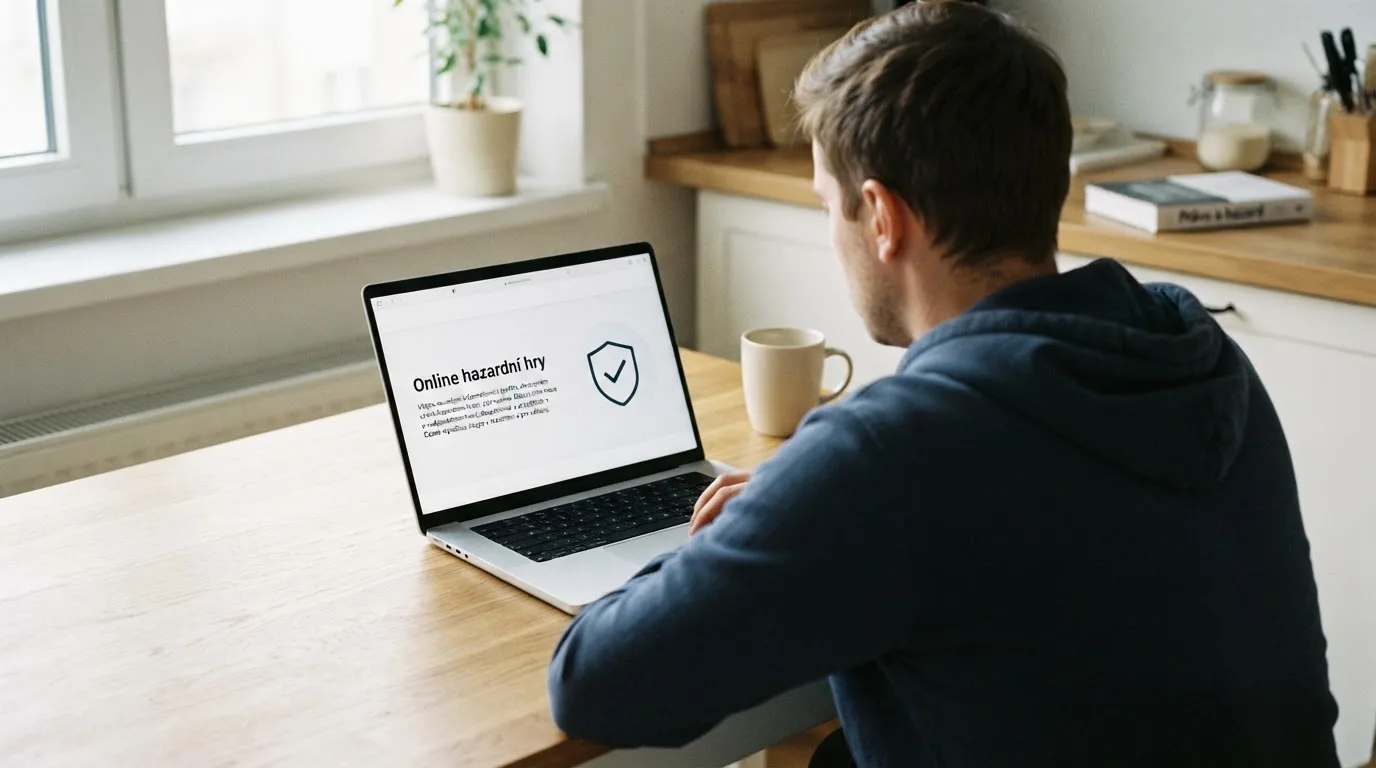Člověk u notebooku čte informační stránku o online hazardu v Česku — hrací automaty zdarma ke stažení