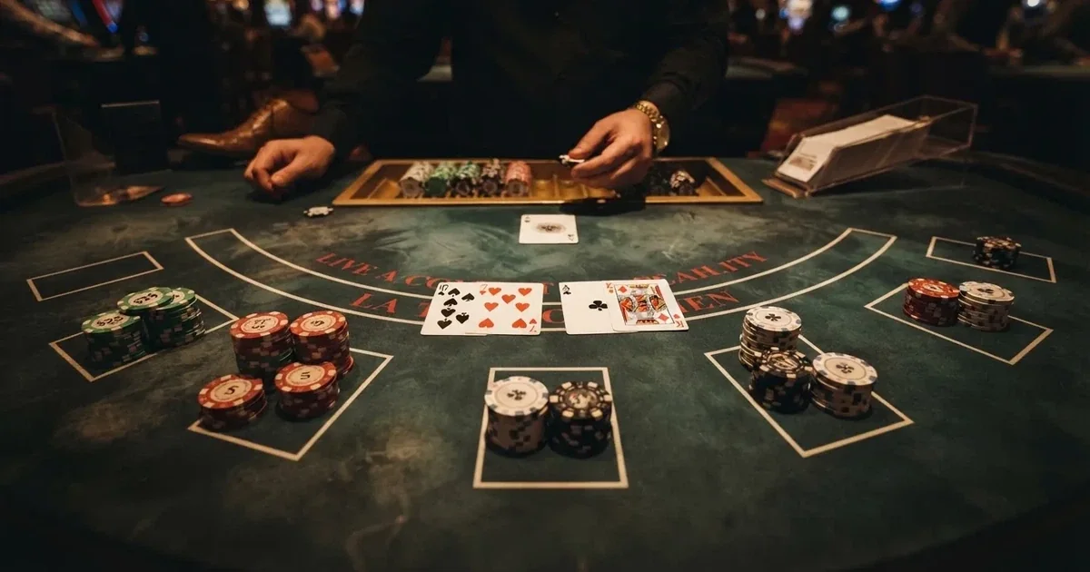 Osvětlený herní stůl s kartami a žetony shora — live blackjack pro české hráče