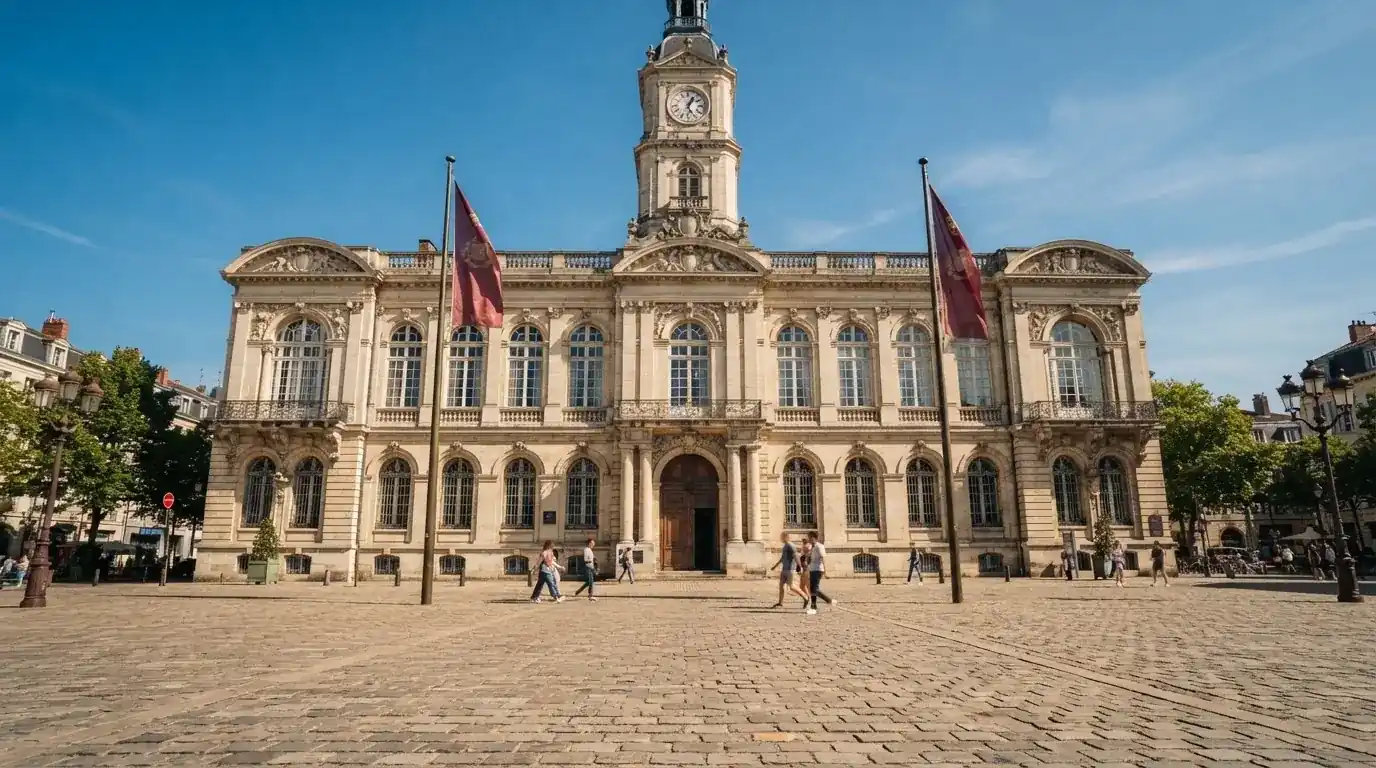 Historická úřední budova s vlajkami na slunečném náměstí — live blackjack pro české hráče