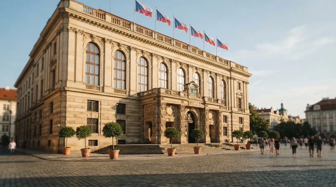 Historická úřední budova s vlajkami na slunečném náměstí — live ruleta CZ s česky mluvícími krupiéry