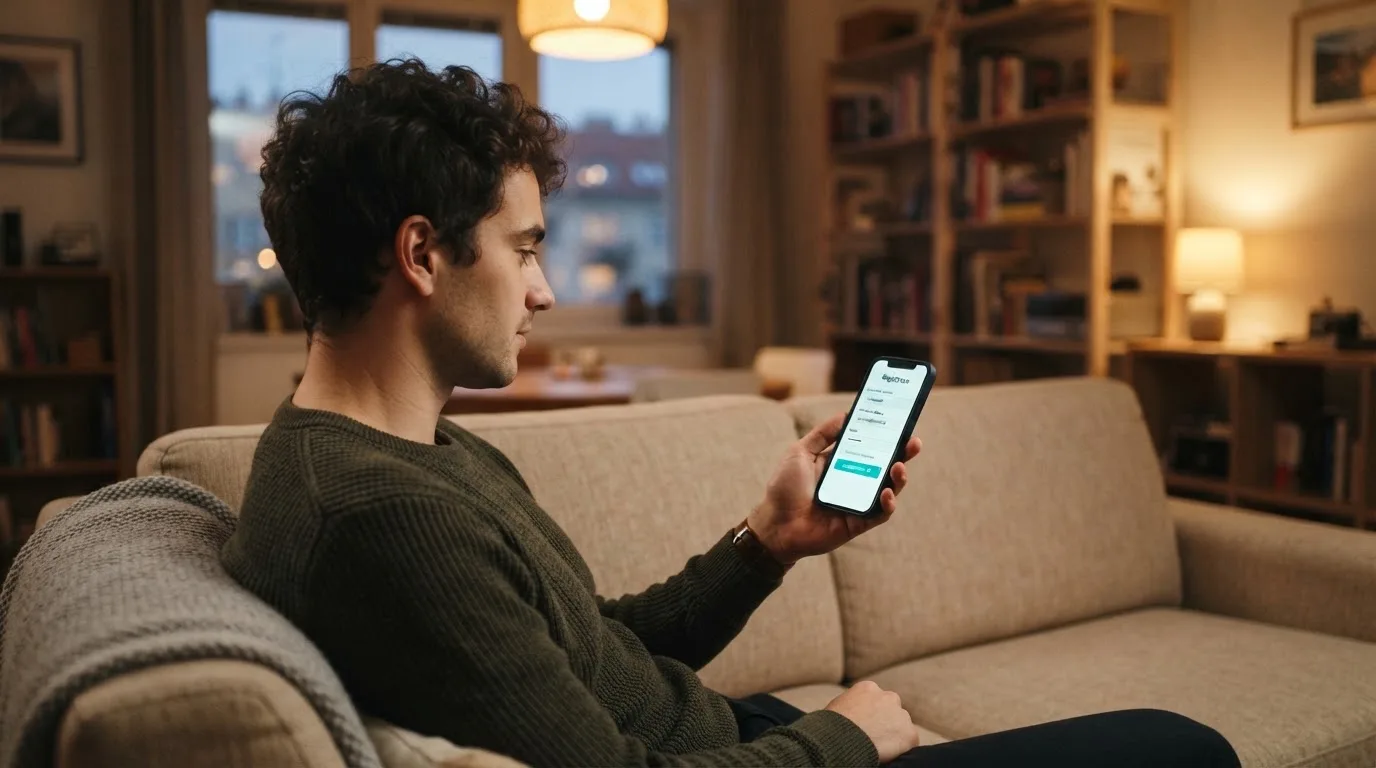 Muž sedí na gauči a poprvé otevírá aplikaci na chytrém telefonu večer.
