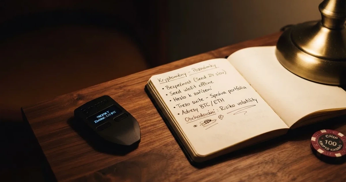 Hardwarová peněženka vedle notebooku na tmavém stole s lampou — nejlepší krypto kasina cz