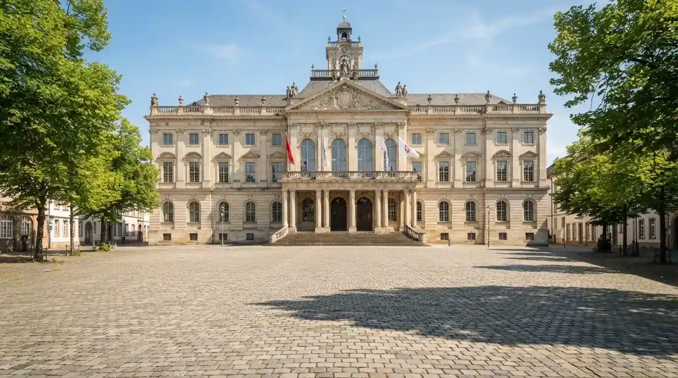 Historická úřední budova s vlajkami na slunečném náměstí — nejlepší krypto kasina cz