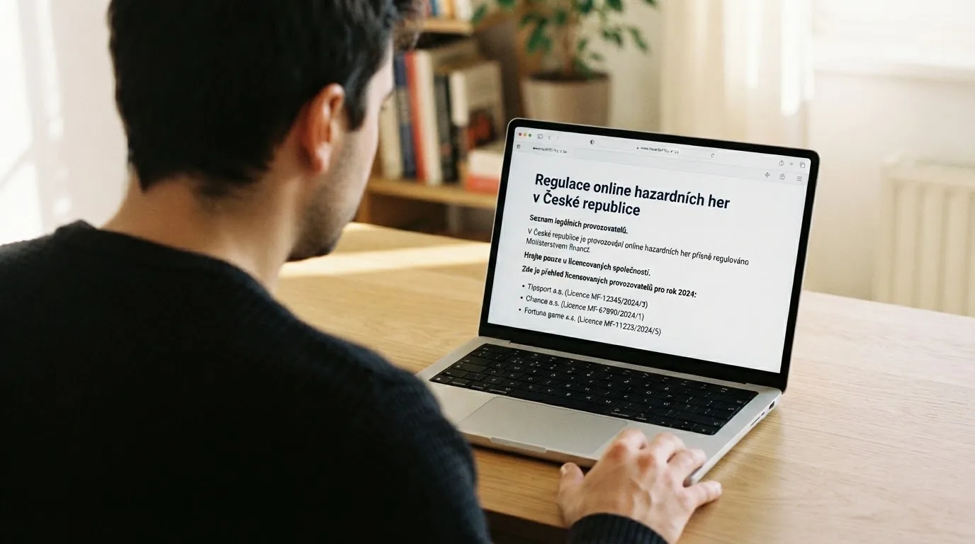 Člověk u notebooku čte informační stránku o online hazardu v Česku — nejlepší krypto kasina cz