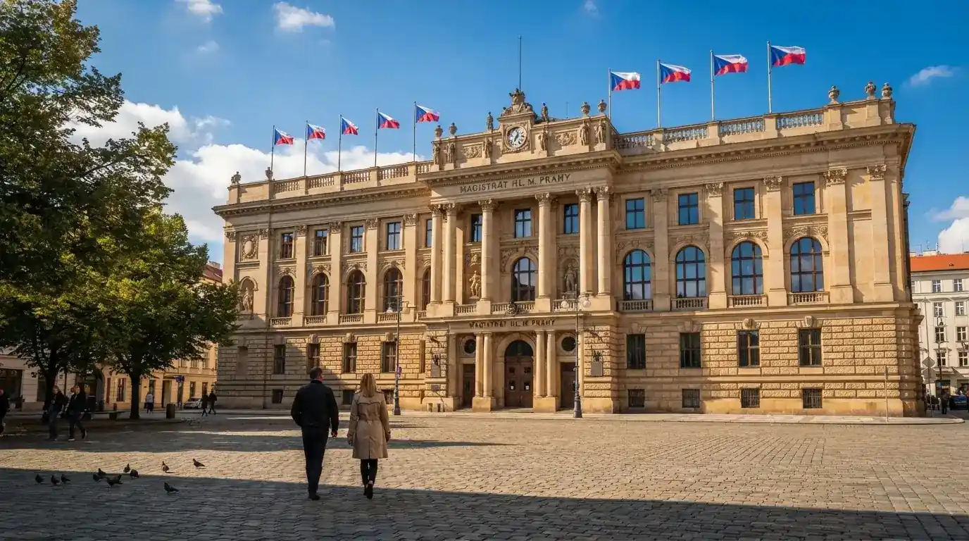 Historická úřední budova s vlajkami na slunečném náměstí — nejlepší live casino CZ