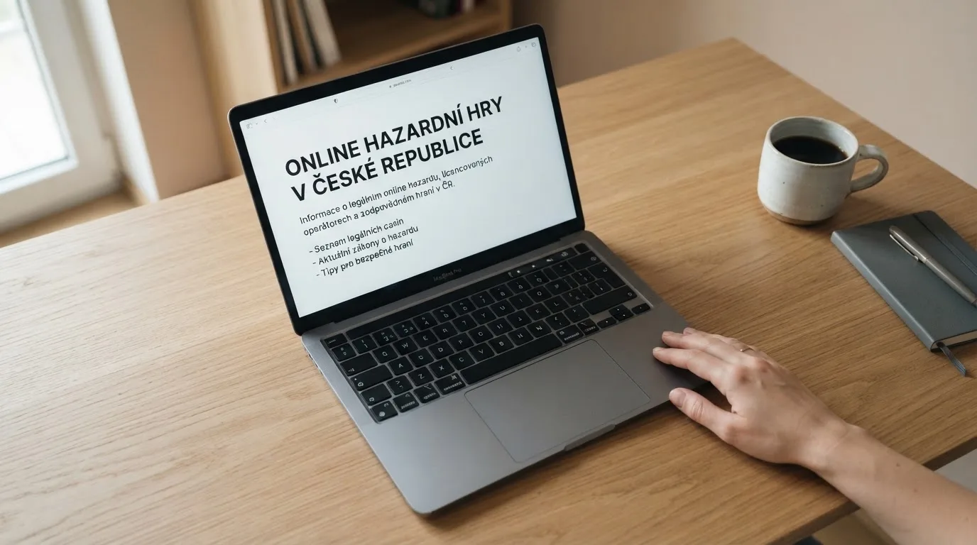 Člověk u notebooku čte informační stránku o online hazardu v Česku — nejlepší live casino CZ