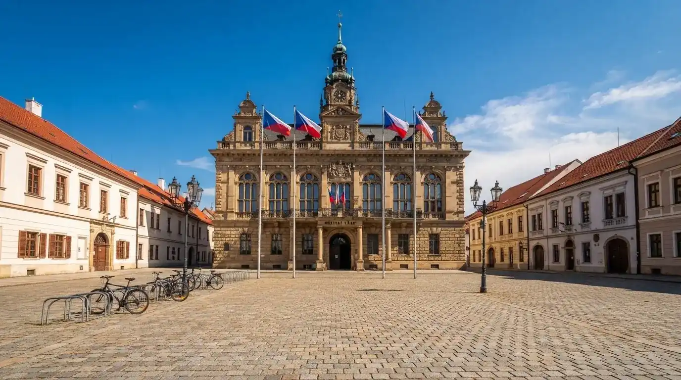 Historická úřední budova s vlajkami na slunečném náměstí — nejlepší mobilní online kasino česká republika