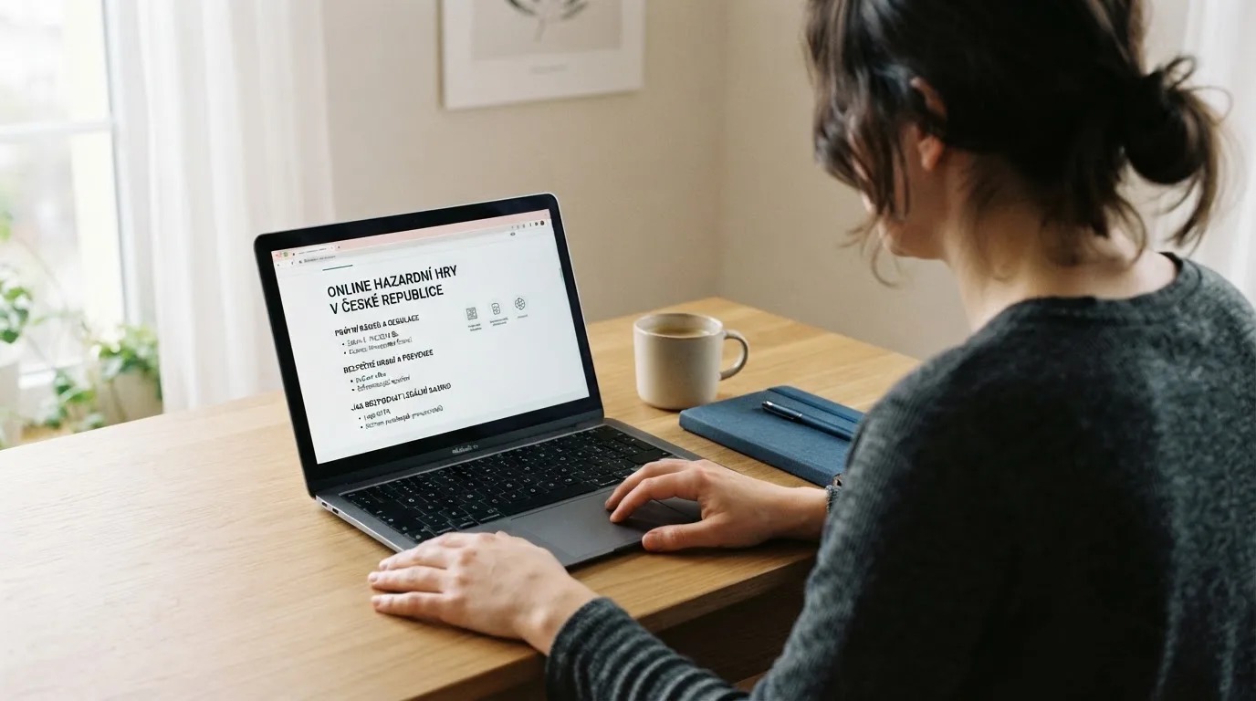 Člověk u notebooku čte informační stránku o online hazardu v Česku — nejlepší mobilní online kasino česká republika