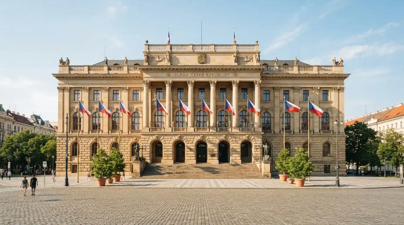 Historická úřední budova s vlajkami na slunečném náměstí — nejlepší online casino CZ