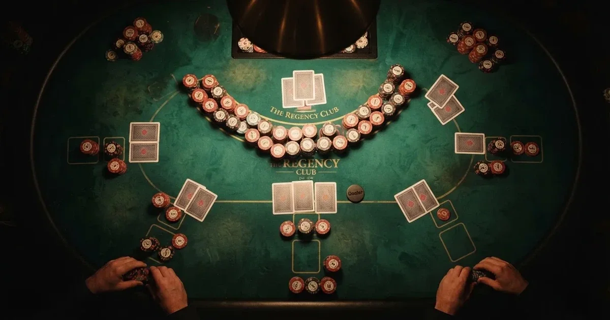 Osvětlený herní stůl s kartami a žetony shora — nejlepší online casino za peníze