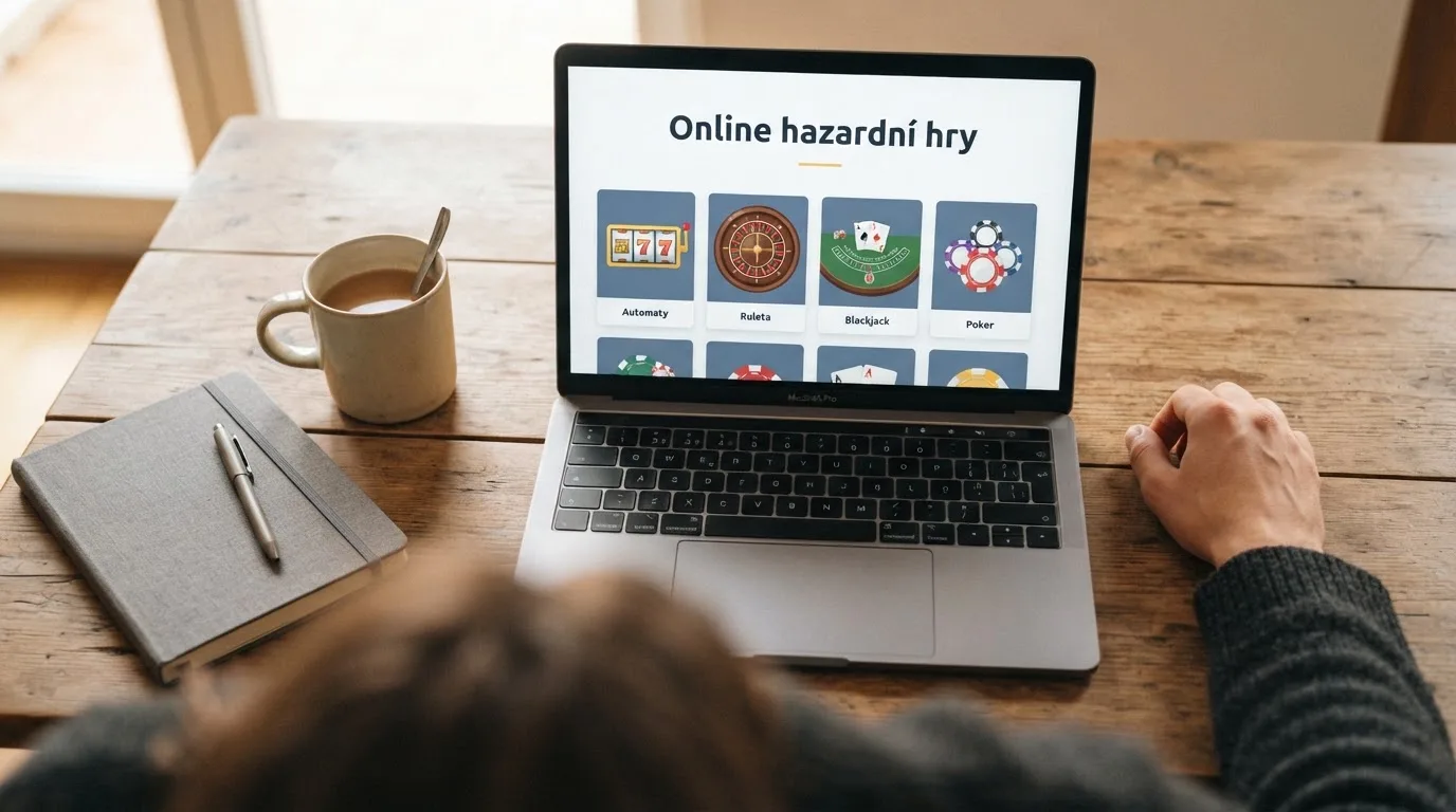 Člověk u notebooku čte informační stránku o online hazardu v Česku — nejlepší online casino za peníze
